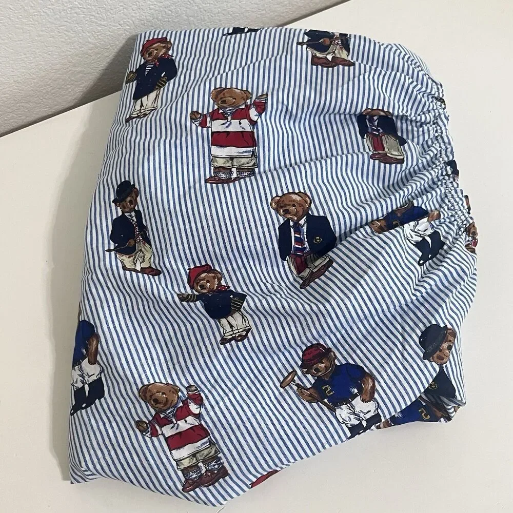 Ralph Lauren Full Fitted Sheet Polo Bears Blue Striped Cotton USA Made